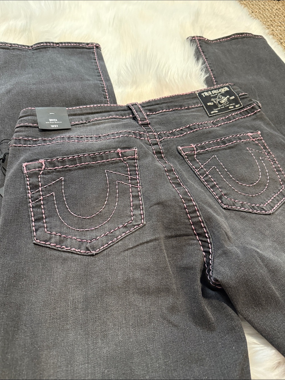 True Religion -Becca Boot Women’s charcoal Jeans with Pink Contrast Stitching